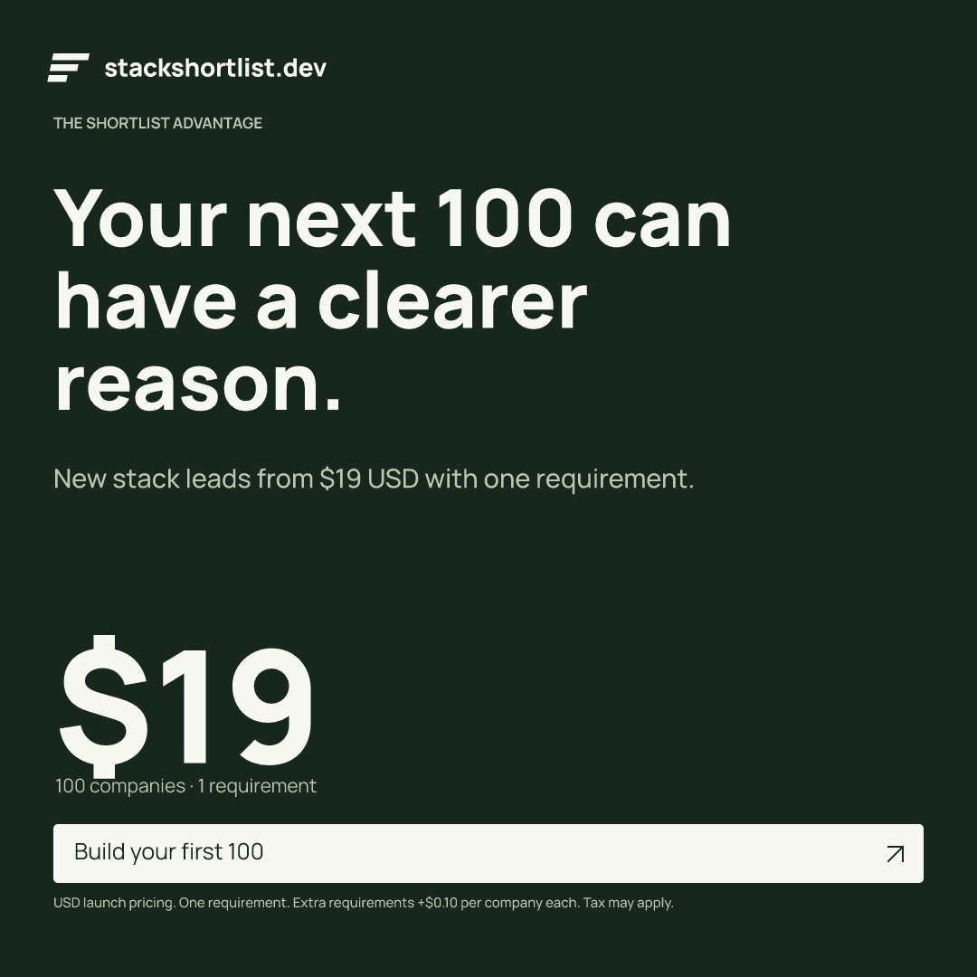 StackShortlist: your next 100 can have a clearer reason. New stack leads from 19 US dollars with one requirement.